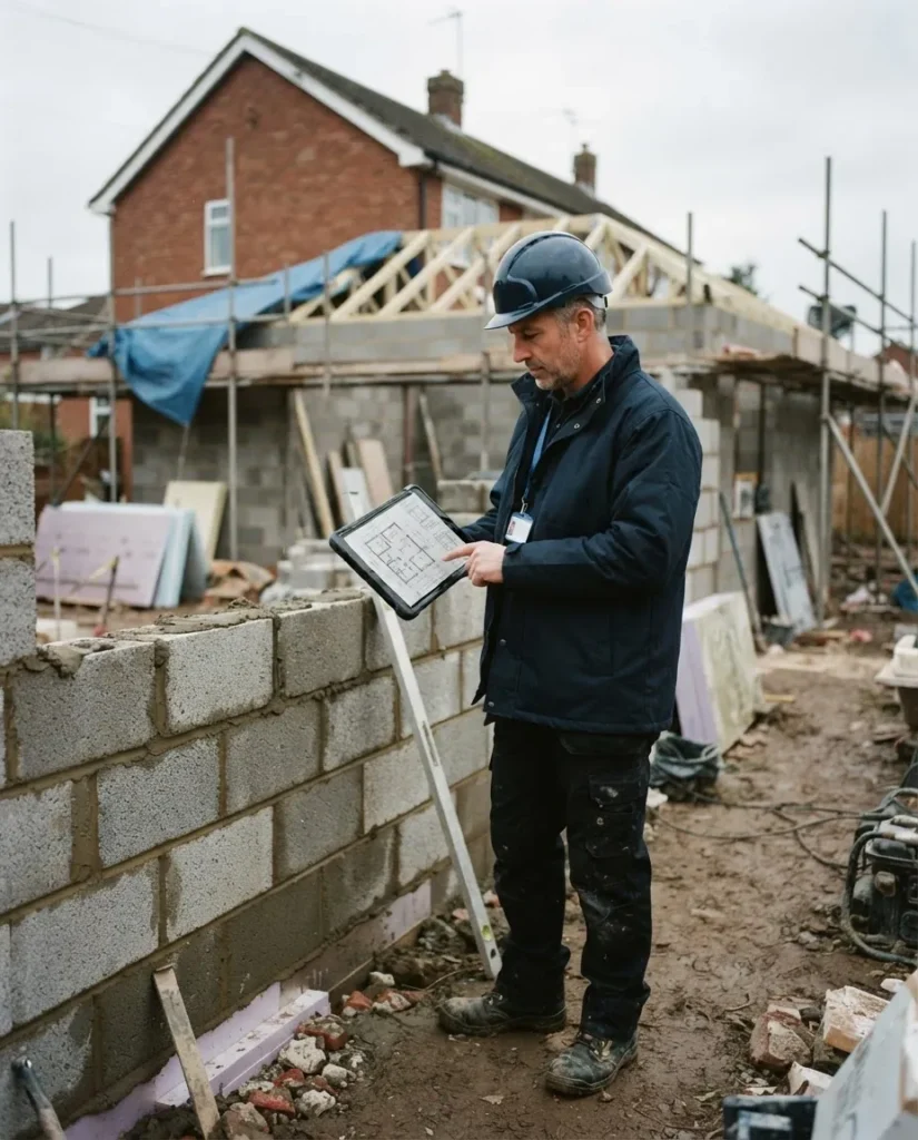 A contractor on site reviewing plans